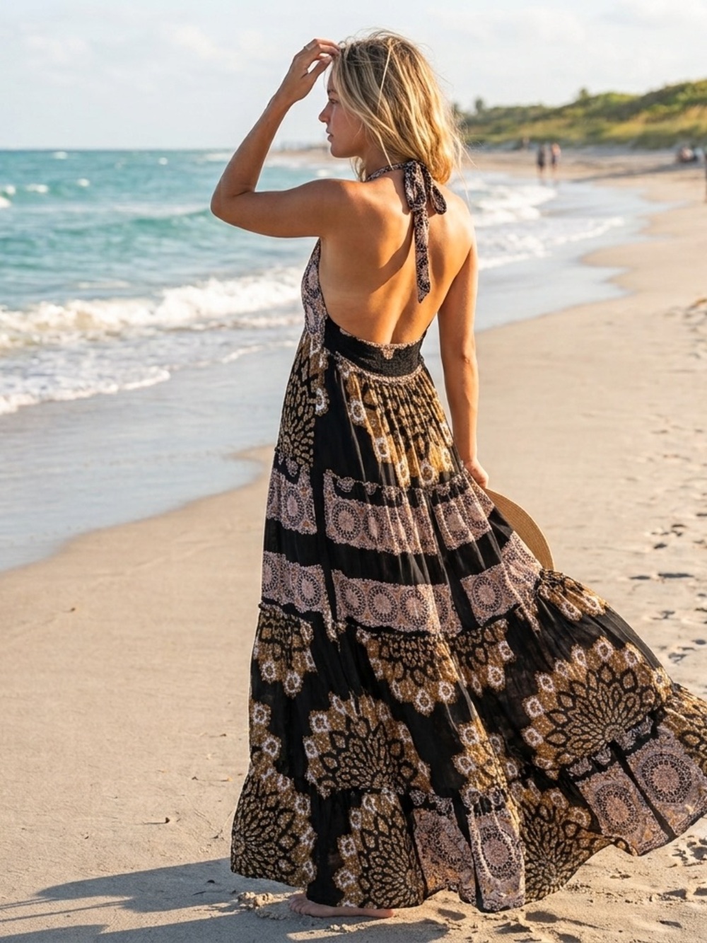 Rare Free People Sz XL Boho Halter Tie Backless Maxi Dress Full Tiered Skirt